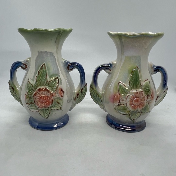 Unmarked Other - Vintage Pair of Double Handled Lusterware Floral Vases. Made in Brazil